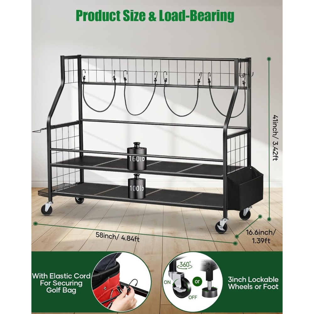 Golf Equipment Organizer For Garage - Golf Bag Storage Rack on Wheels